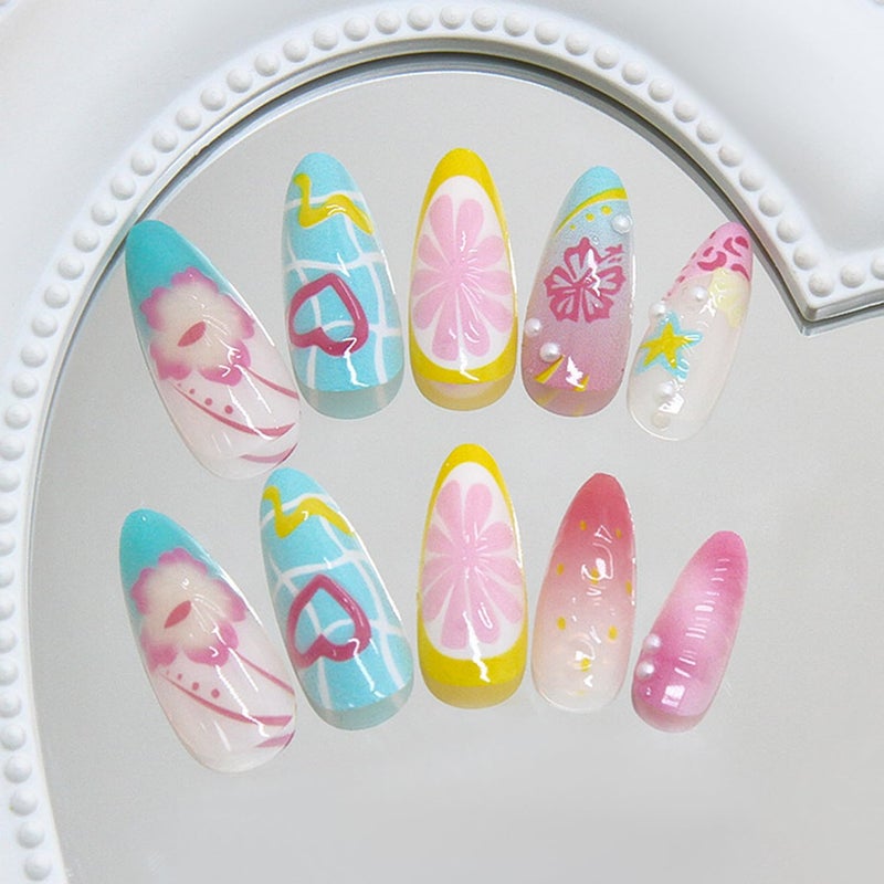 CJDLTS Colorful Flower Medium Almond Shaped Artificial Acrylic Nail 3D Gradient Floral with Love Heart Pearl Design Stick on Nails Full Cover Reusable Coffin Press on Nails Artificial Fingernails for Women - Image 2